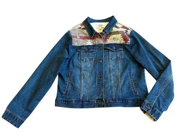 Frye And Co Denim Jean Jacket Southwestern Print Dark Wash Long Sleeve Large Blue