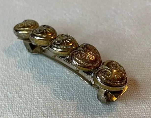 Vintage Heart Bar Style Barrette Hair Clip Gold Brass Tone w/ patina Hearts