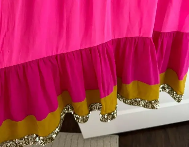 Figue Silk Crepe Pink Colorblock Gold Sequin Trim Midi Dress Bohemian | S