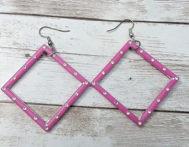 Earrings For Pierced Ears Large Pink & Silver Tone Dangle