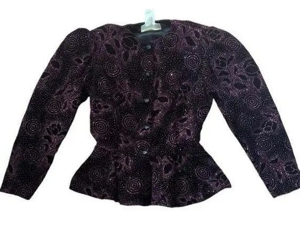 Gunne Sax black and purple velour blazer woman’s small peplum shoulder pads Vint