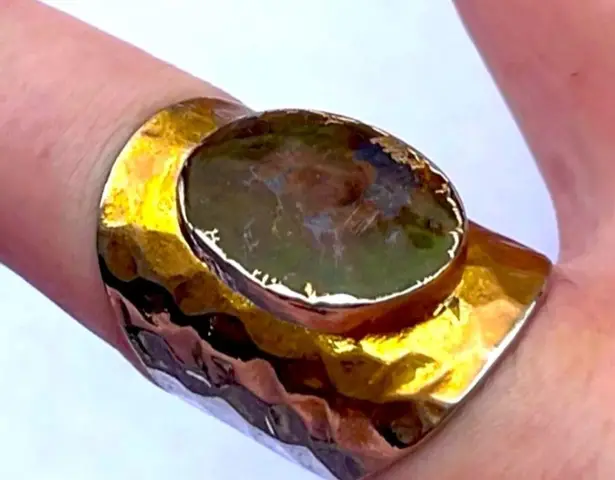 Handmade 7.5 7.75 8 Moss Agate Gem Gemstone Fine Art Ring Solid Metal Plated Gold Filled Hammered Unisex Men Women Oval Cabochon