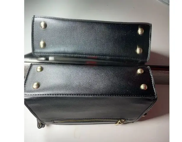 Unisex Black Leather Crossbody Bag w/ Red Stripe & Gold Hardware