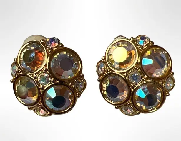 Swavorski Swarovski Signed Warm Golden Aurora Borealis Crystal Earrings Huge