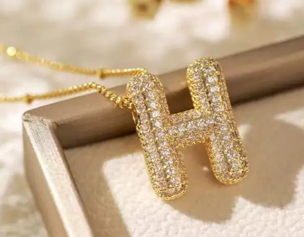 Letter H Initial Zircon Balloon Necklace Gold