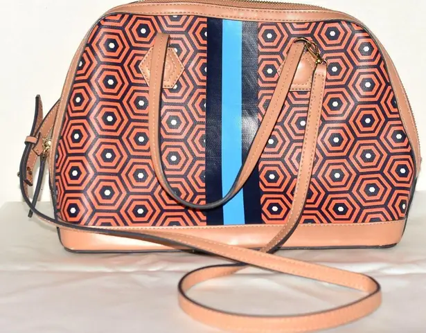 Jonathan Adler Geometric Print Tan/Blue Faux Leather Satchel w/Strap Purse Brown