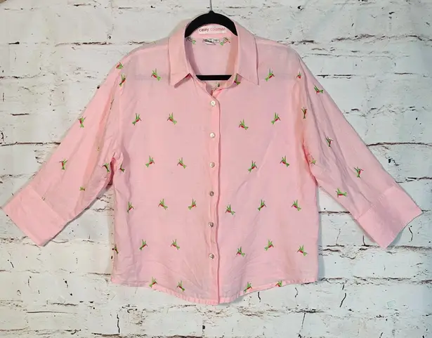 Casey Coleman Pink Embroidered Linen Shirt Large Cottagecore Festival Blouse