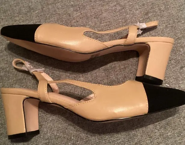 NWOB Carcuume Women's Slingback Heels, Two Tone Sexy Casual Low Chunky Heels. Tan Size 9