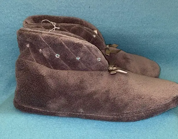 PINK K Claudia fleece slipper booties gray bows rhinestones NEW size 11