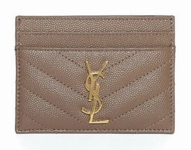 Saint Laurent YSL Monogram Logo Quilted Grained Leather Card Holder Taupe Gold - Image 1