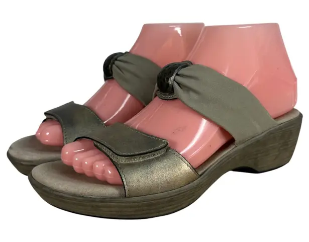 Naot Pinotage Ornament Leather Gold Taupe Wedge Sandals Size EU 37 US 6