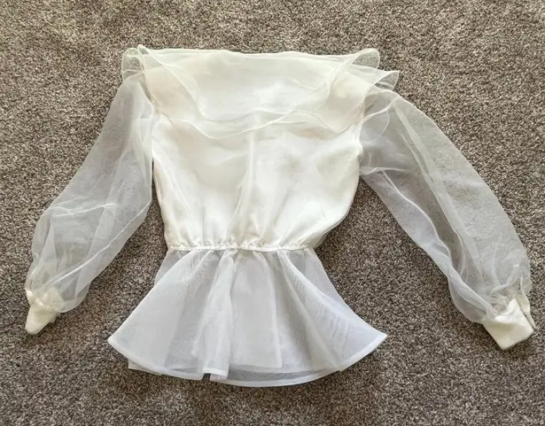 Alex Evenings Vintage Blouse Ruffle Peplum White Sheer Sleeves Snap Size Medium