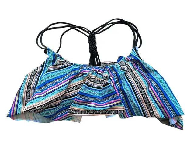 Pink Coconut Boutique PINK Victoria's Secret Swim Top S Striped Ruffle Tribal Black Braid Strap