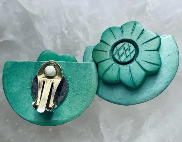 Vintage Handmade Teal Green Wood Floral Clip On Earrings