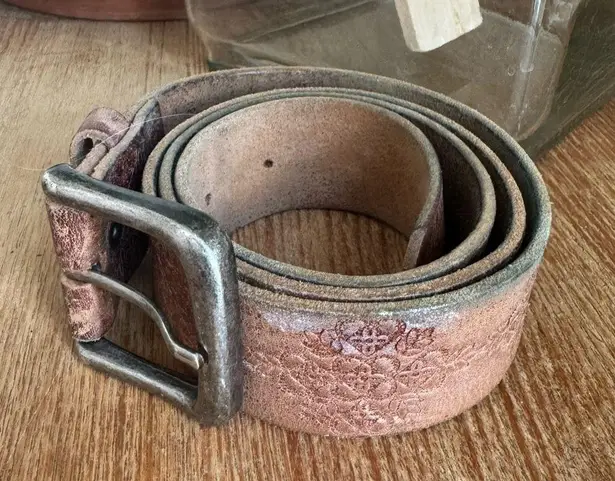 Vintage Tooled floral Leather Belt with Western Floral Pattern and Rustic Buckle Tan