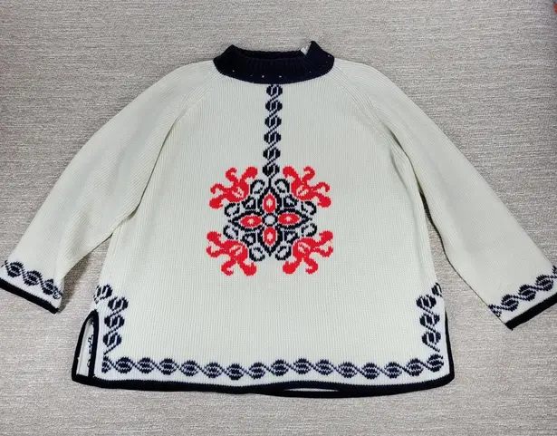 Vintage Nordic Knit Sweater Cream Red Navy Mock Neck Acrylic Wool Blend @L/XL White Size L