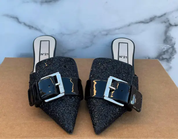 No. 21 women’s black glitter pointed buckle mules slides sandal size 35 US 5