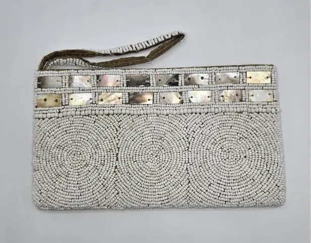 Handmade Vintage White Beaded Wristlet Clutch Mother of Pearl Accents Evening Bag