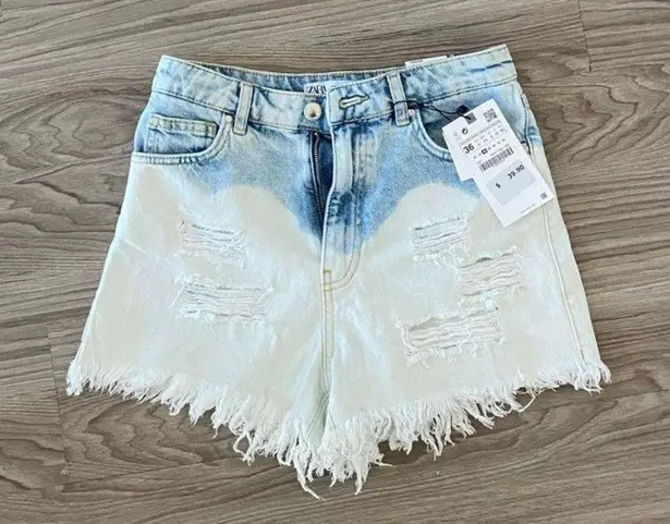 ZARA Denim Blue White Faded Distressed High Waisted Shorts