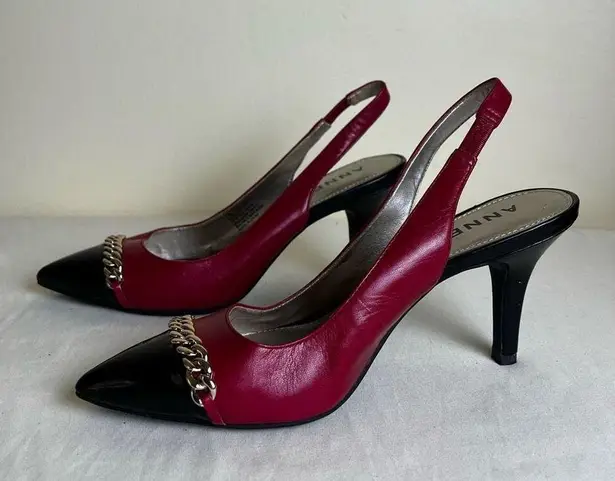 Anne Klein  Yavari Slingback Pumps Leather Polished Cap Toe Two Tone Black Red 7