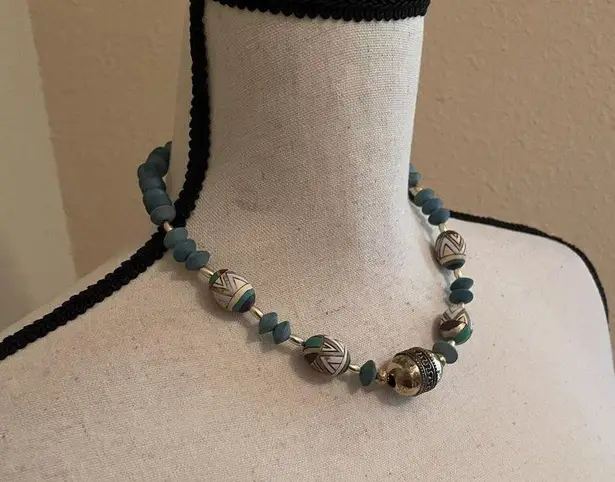 Women’s Necklace Handmade Easter Egg Wood Beads Blue / Gold Tone