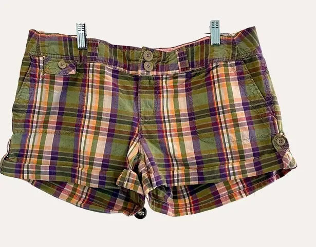 American Eagle Size 14 Plaid Print Cotton Summer Shorts Button Accents Pockets Green