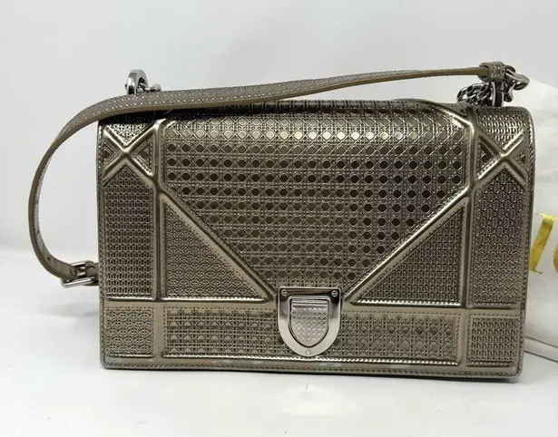 Christian Dior  Diorama Metallic Patent Silver Leather Medium Handbag Crossbody