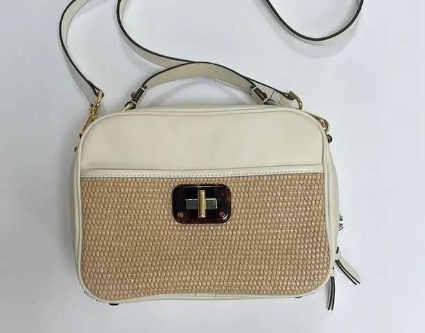 LDT Jill Vintage Lunch Box Bag Straw Leather Panel Crossbody Satchel in White