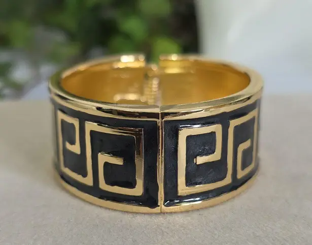 Boutique Gold Filled Greek Key Clamper Hinge Bracelet Gold And Black Enamel