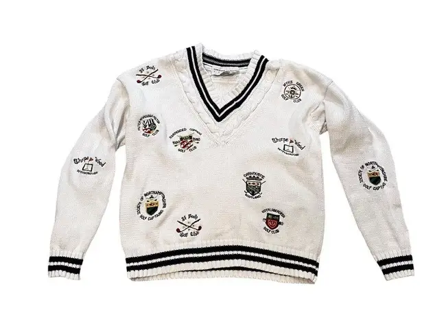 Adrienne Vittadini Vintage Active Cotton Preppy Golf Course Embroiderd Sweater