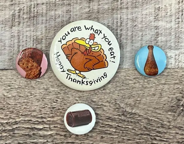 Thanksgiving Turkey, Banana Bread, Cranberry Sauce, Turkey Leg Button Pin Lot of
