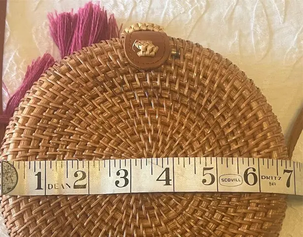 Handmade Rattan Crossbody Bag Floral Lining Leather Strap Boho Summer