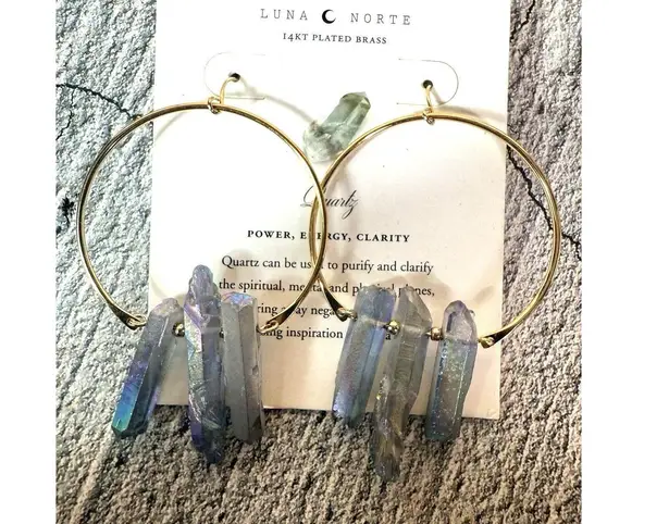 NEW IN CARD Luna Norte 14KT Plated Brass Quartz Hoop Earrings Gold