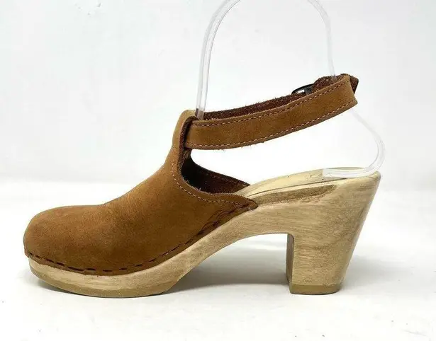 Sven Brown Nubuck Leather Wooden Halter Top High Heel Clog Sandals 36 5.5 6
