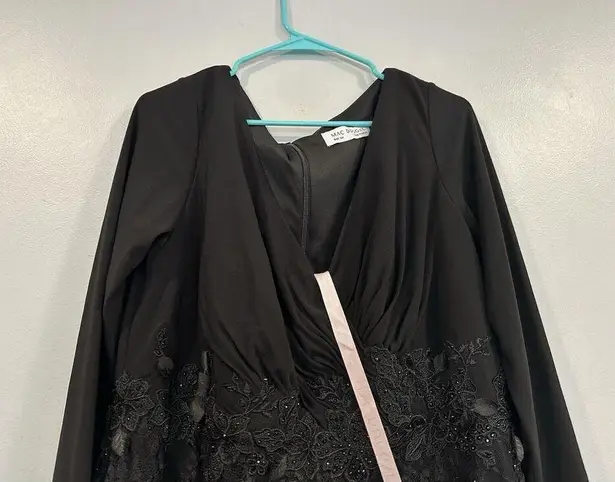 Mac Duggal 67896 Wrap Over Long Sleeve Lace Applique Black Trumpet Gown 16W NWOT