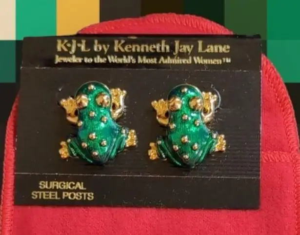 Kenneth Lane Vintage Green Enamel Frog Stud Earrings
