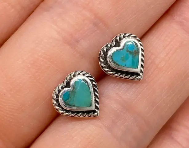 Sterling Silver & Turquoise Inlay Rope Twist Heart Shaped Stud Earrings Blue