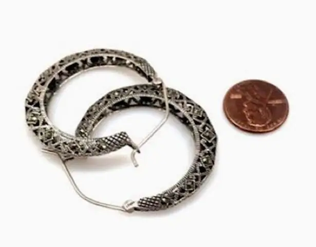 Sterling Silver Vintage Marcasite Cut Out Hinge Back Classic Hoops Earrings