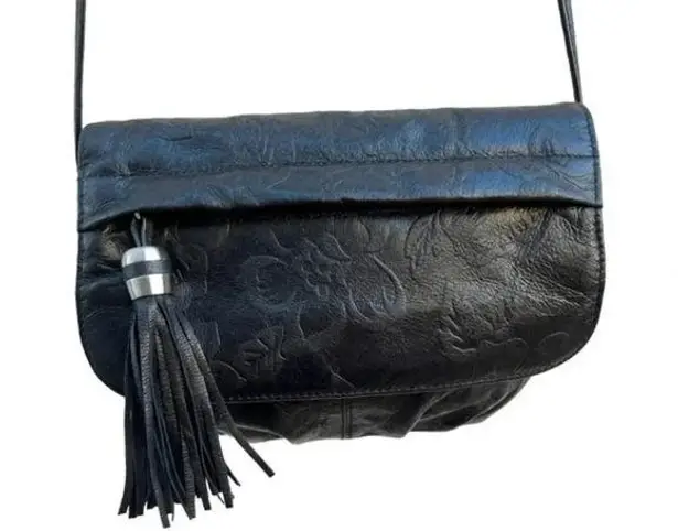 Vintage Crossbody Black Leather Bag Purse Floral Embossed Leather with Tassel