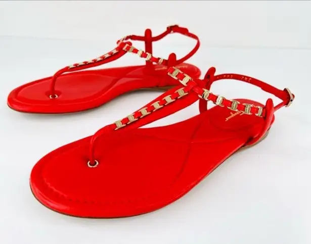 Salvatore Ferragamo Tahiti Embellished Coral Leather Thong Logo Flat Sandals 7.5