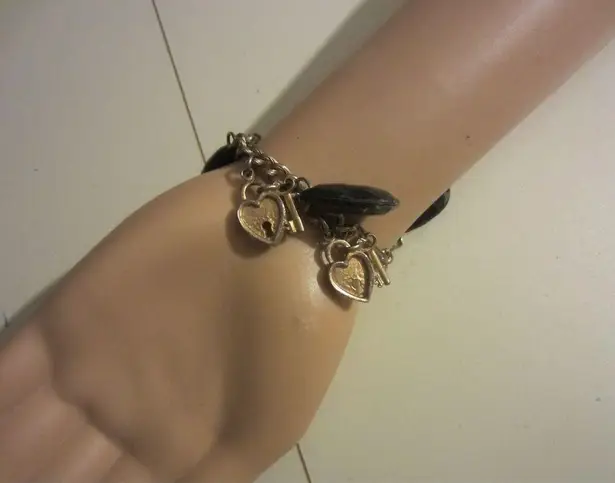 Monet Vintage  Charm Bracelet Black Enamel Gold Tone 7.5 Inches