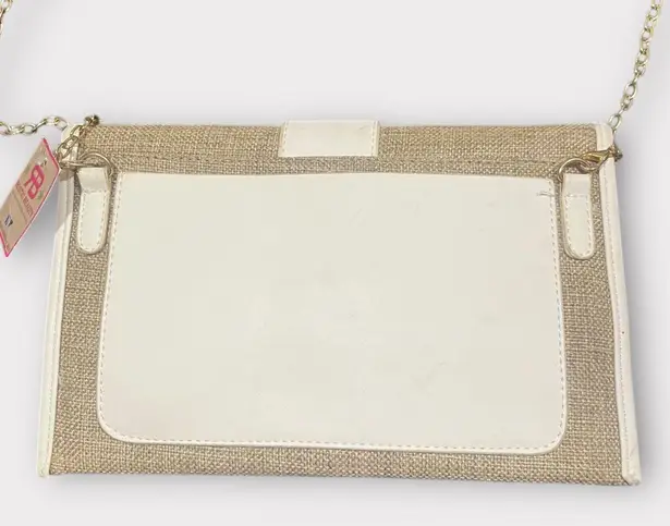 NWT. Woven Tan and White Clutch Bag with Gold Chain Strap and Buckle