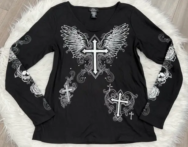 Social Collision Black Cross Wings Graphic Long Sleeve Tee Size XL