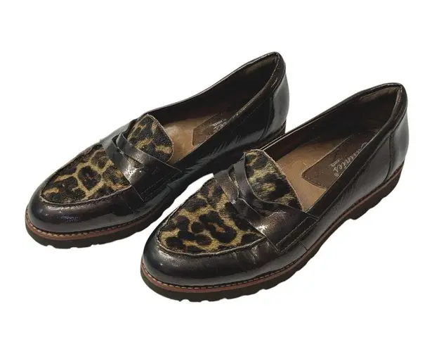 EARTHIES Braga Cow Hair Leopard Print Brown Patent Leather Loafer Shoes Sz 8.5B