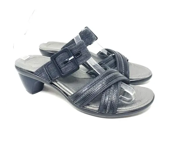 NAOT Marvel Black Leather Fabric Strappy Slide Sandal Mid Heel EU Size 39 Buckle