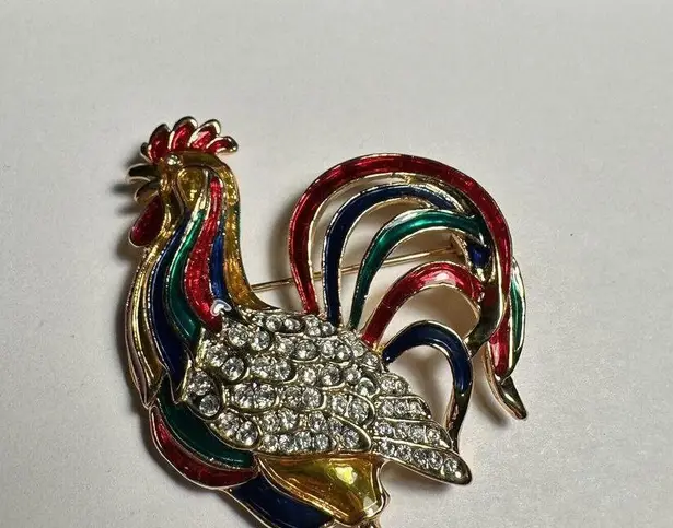 Lot Of 2 Bird Rooster Chicken Brooch Pins Enamel & Rhinestone