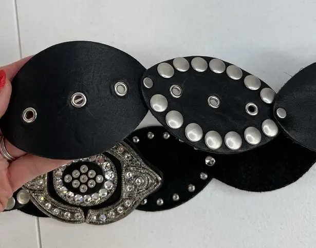 Leather Studded Belt Large 38 Bling Buckle Conch Style Black Silver Southwestern