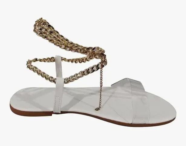 Greek Goddess White Clear Open Toe Gold Chain Lace Up Sandals US 12 / 12.5