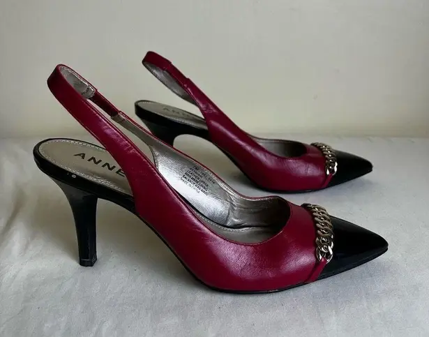 Anne Klein  Yavari Slingback Pumps Leather Polished Cap Toe Two Tone Black Red 7