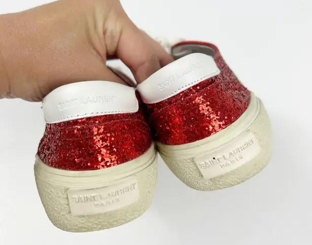 Saint Laurent Skate Red Glitter Sneakers Lace Up Low Top Size 37